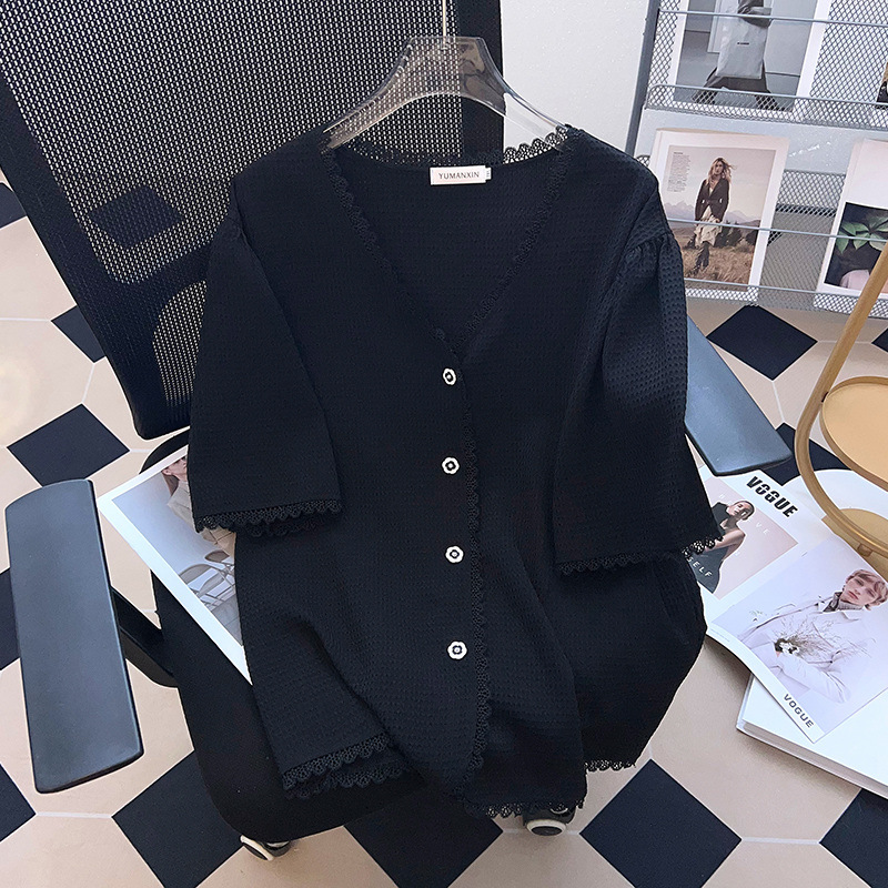 Plus Size Chanel-Esque Buttons V Neck Short Sleeve Blouse (EXTRA BIG S ...
