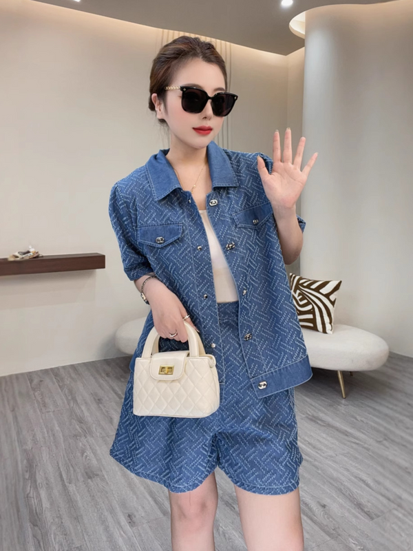 Plus Size Chanel-Esque Short Sleeve Denim Shirt And Shorts Set