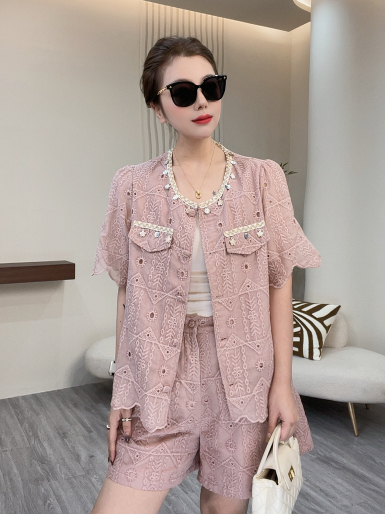 Plus Size Chanelesque Lace Round Neck Blouse And Shorts Set