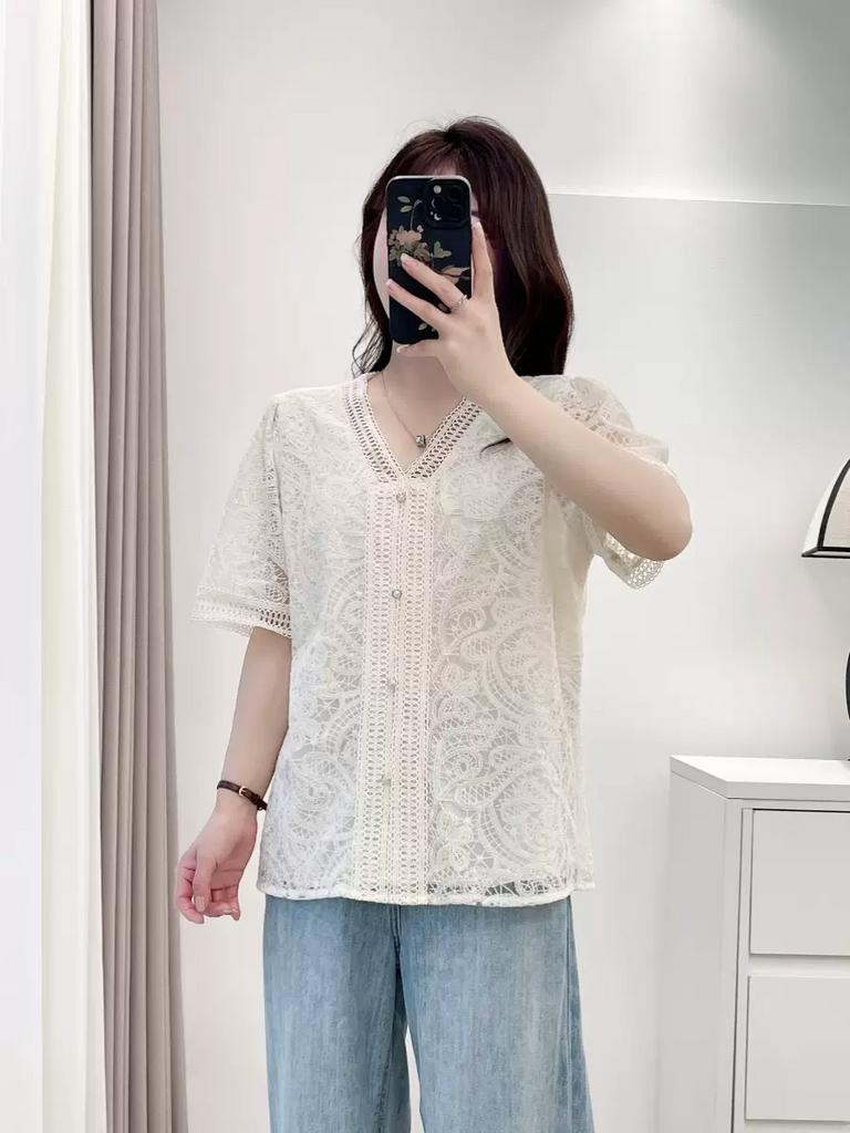 Plus Size Chanelesque Lace V Neck Cream Blouse – Pluspreorder, image size:768x1024