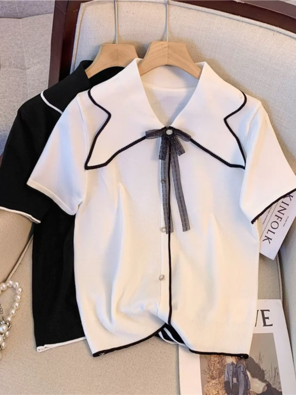 Plus Size Chanelesque Ribbon Polo Shirt Blouse