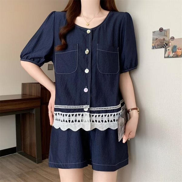 Plus Size Chanelesque Round Neck Denim Blouse And Shorts Set