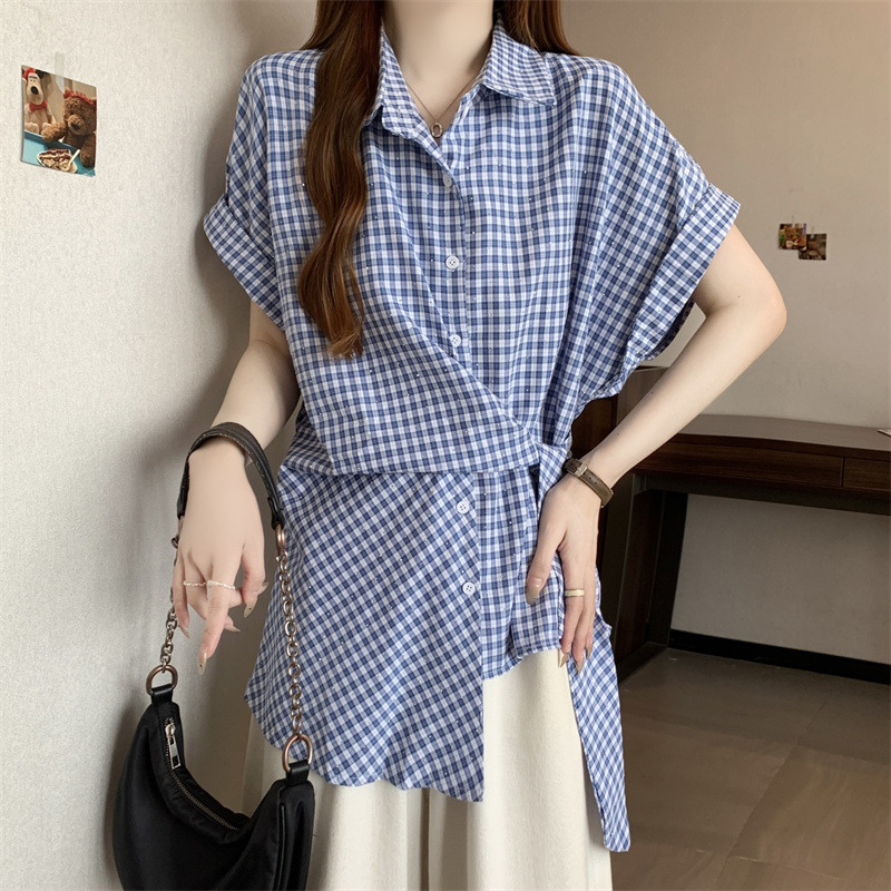 Plus Size Checked Korean Side Tie Shirt