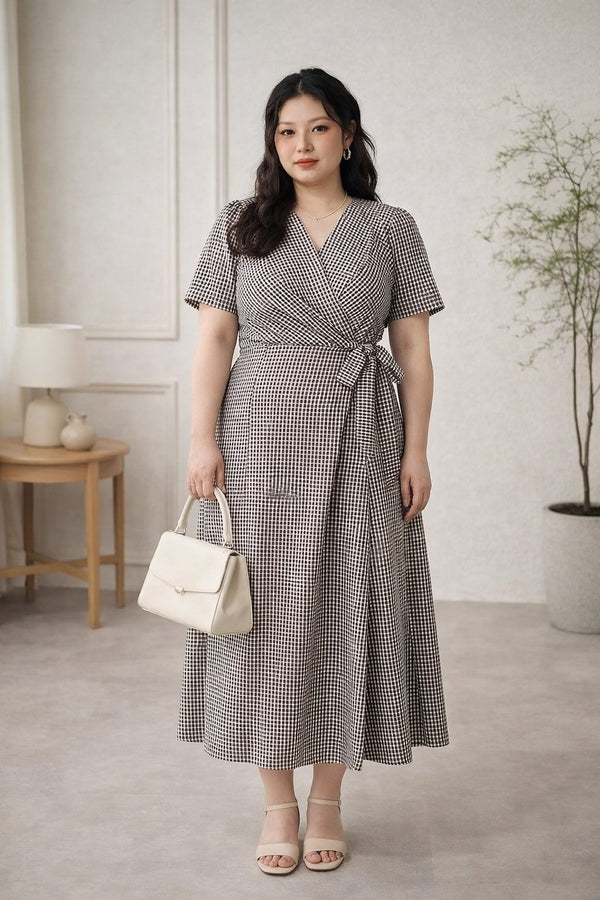 plus size black white checkered wrap midi dress front view