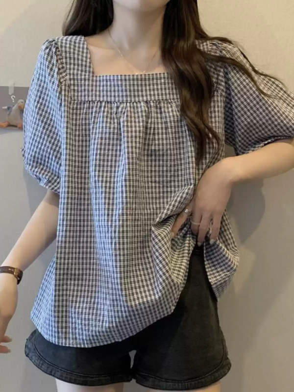 Plus Size Checks Square Neck Short Sleeve Blouse (EXTRA BIG SIZE)