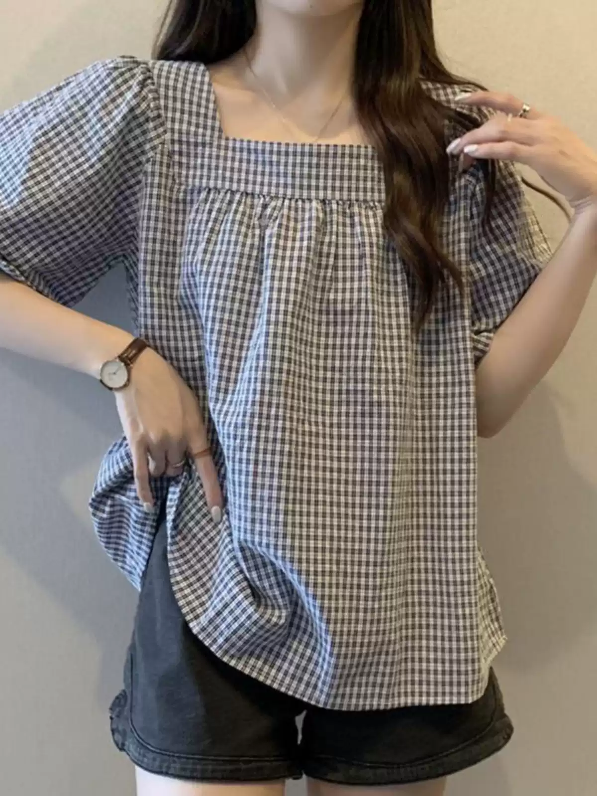 Plus Size Checks Square Neck Short Sleeve Blouse (EXTRA BIG SIZE ...