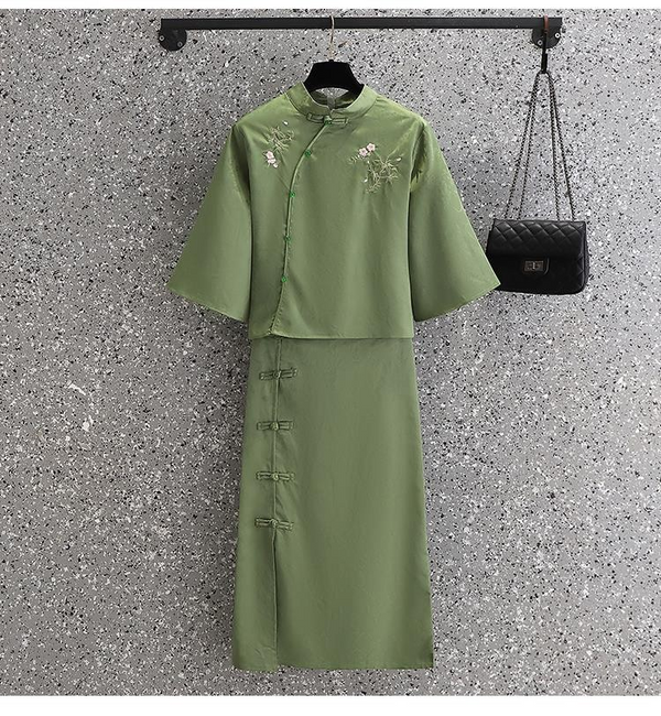 Plus Size Cheongsam Blouse And Midi Qipao Buttons Skirt Set