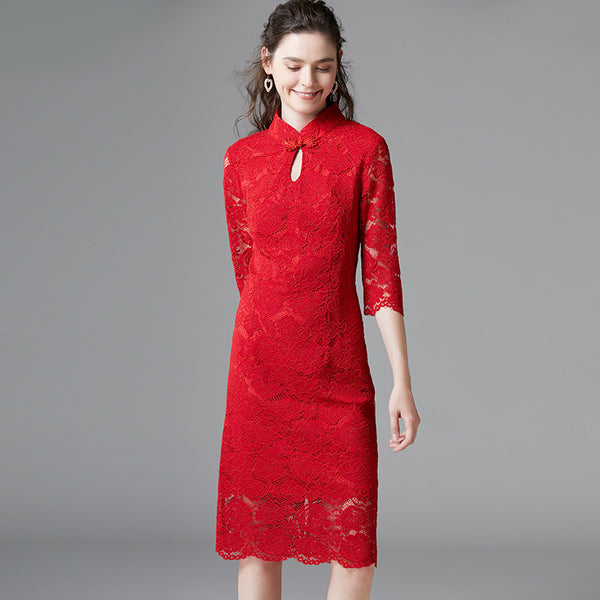 Plus Size Red Mid Sleeve Lace Pencil Cheongsam