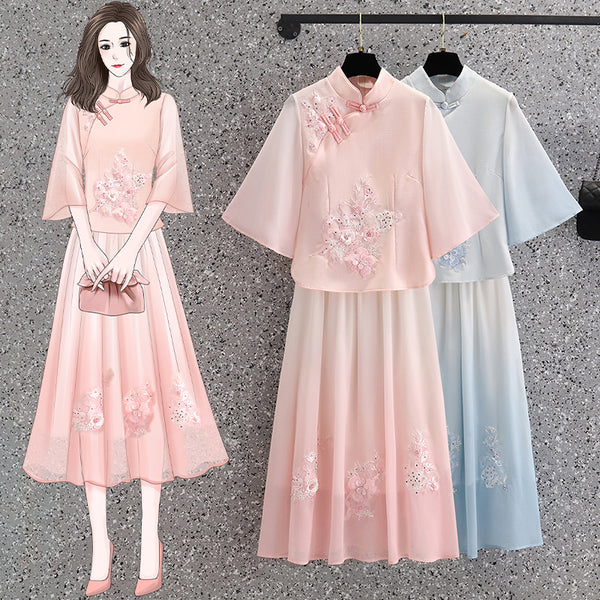Plus Size Chinese Cheongsam Blouse and Matching Skirt Set