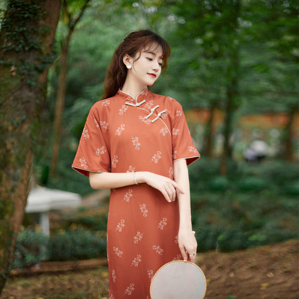 Plus Size Orange Floral Modern Cheongsam Dress