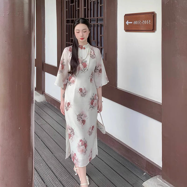 Plus Size Red Floral Cheongsam Dress