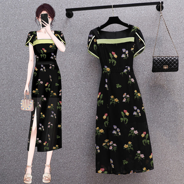 Plus Size Oriental Floral Square Neck Midi Pencil Dress