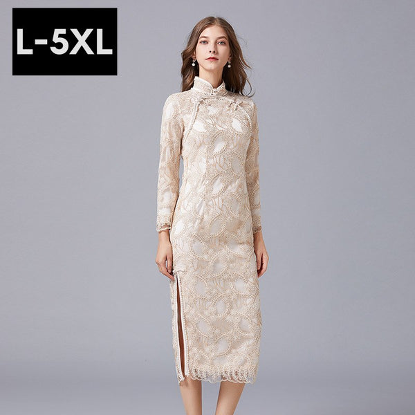 Plus Size Cream Gold Fitted Long Sleeve Cheongsam