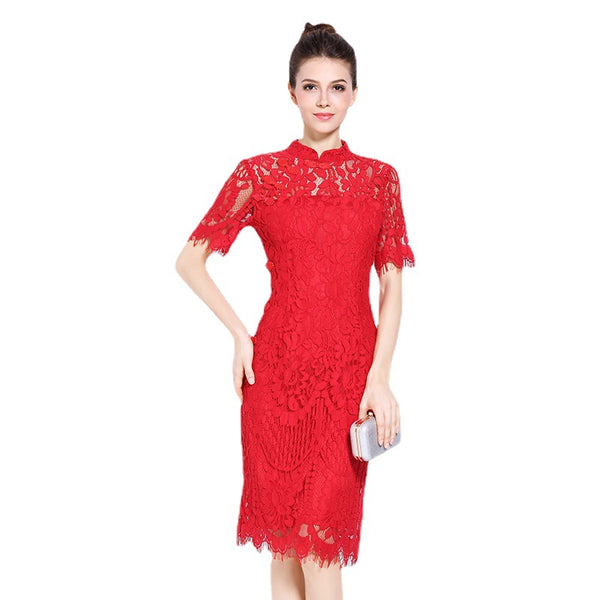 Plus Size Red Eyelash Lace Traditional Cheongsam