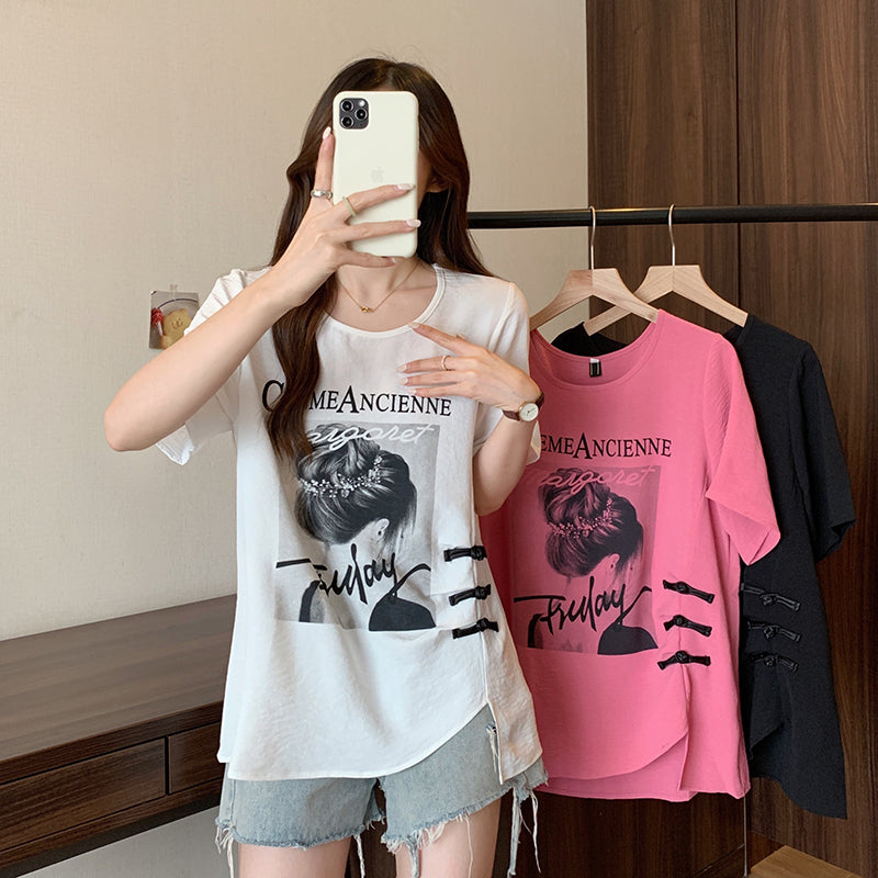 Plus Size Graphic Tee with Chinese Frog Buttons