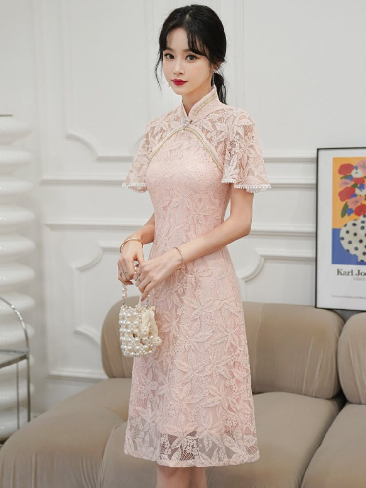Plus Size A Line Flutter Sleeve Lace Cheongsam Dress  Pluspreorder