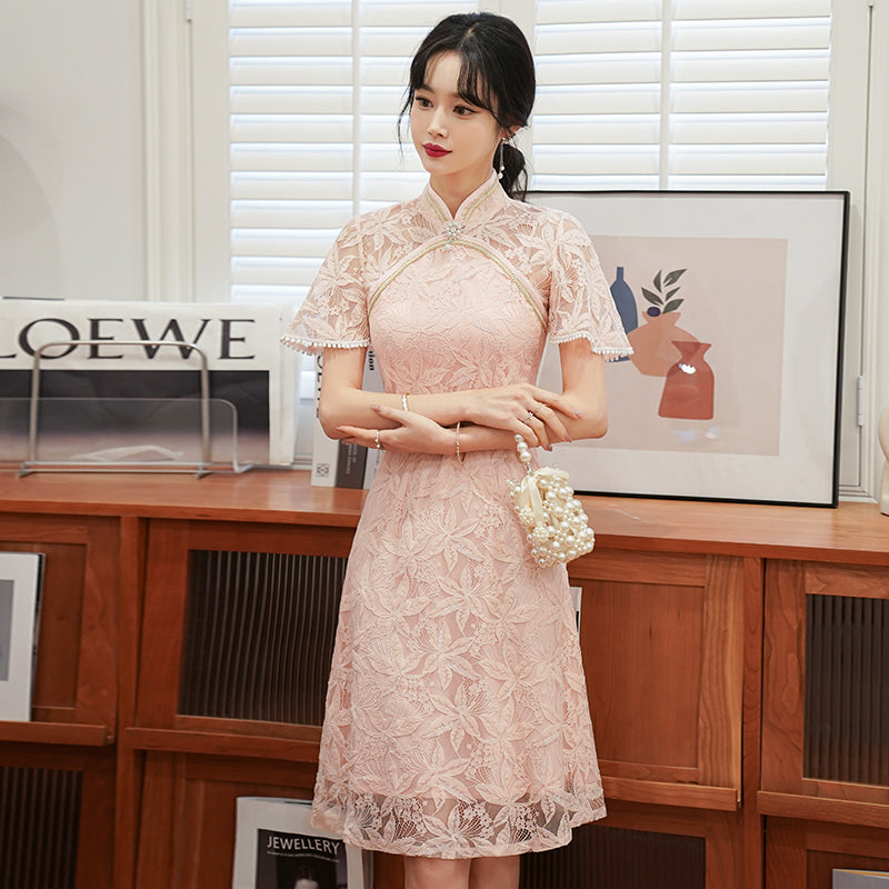 Plus Size A Line Flutter Sleeve Lace Cheongsam Dress