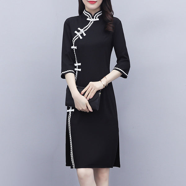 Plus Size Black Minimalist Qipao Dress