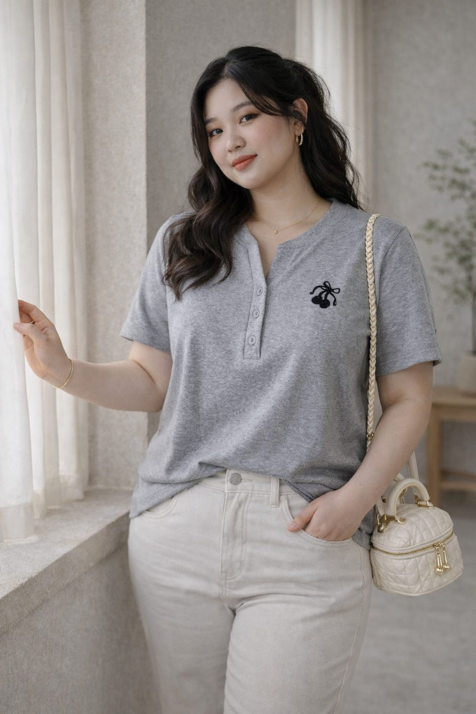 plus size grey cherry embroidery henley t shirt front view