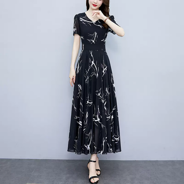 Plus Size Chiffon Black Print Short Sleeve Midi Dress