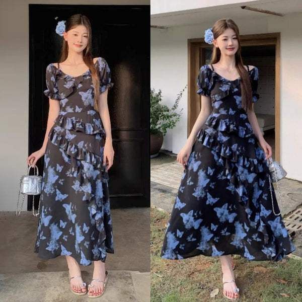 Plus Size Butterfly Chiffon Off-Shoulder Dress