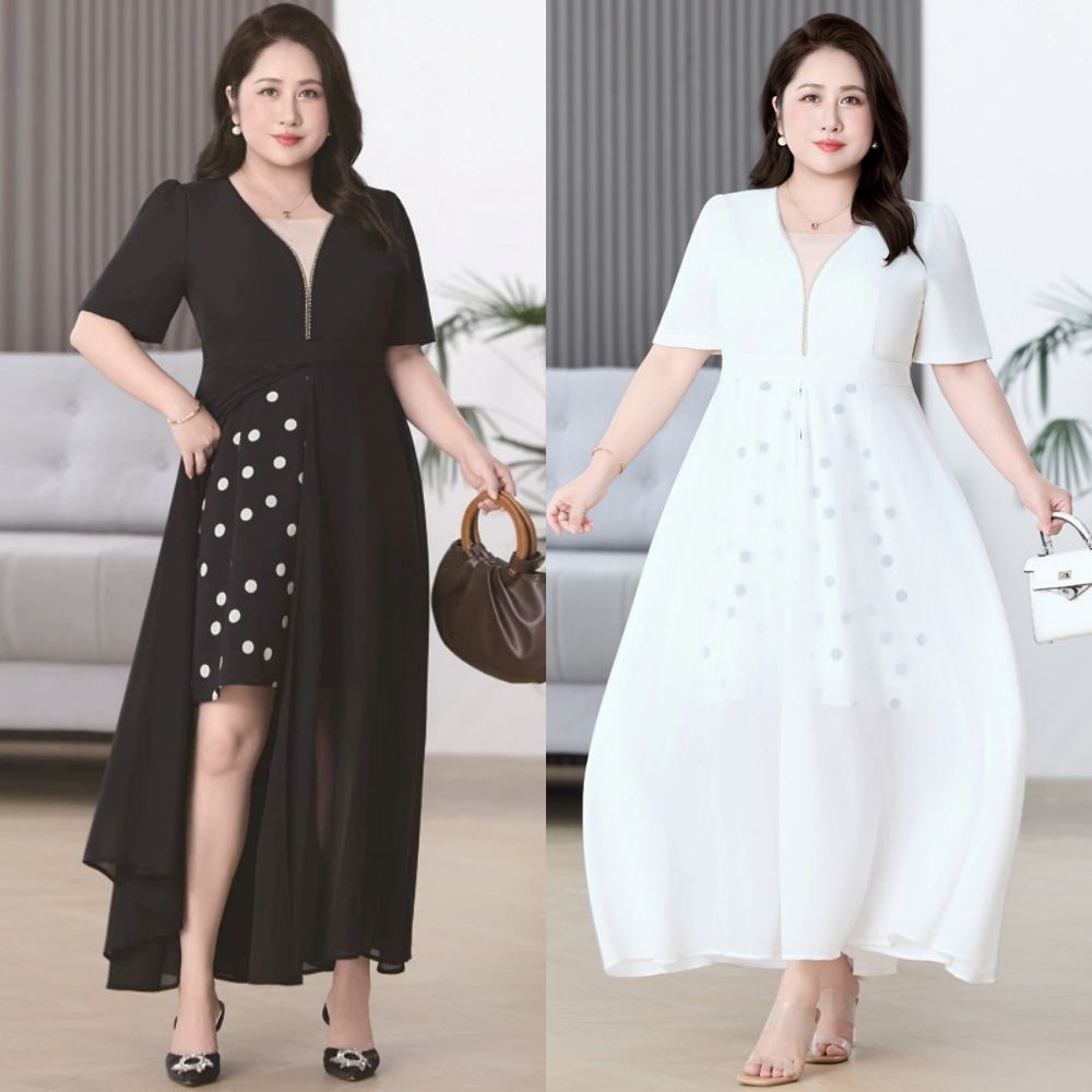 Plus Size Polka Dot Chiffon Short Sleeve Dress (EXTRA BIG SIZE)