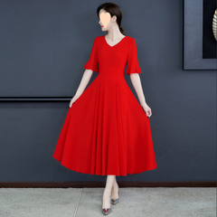 white christmas dresses Women's Round Neck Chiffon Long Sleeve High Waist Tie Ruffle Swing Skater  Casual Dress with Belt main image 0
