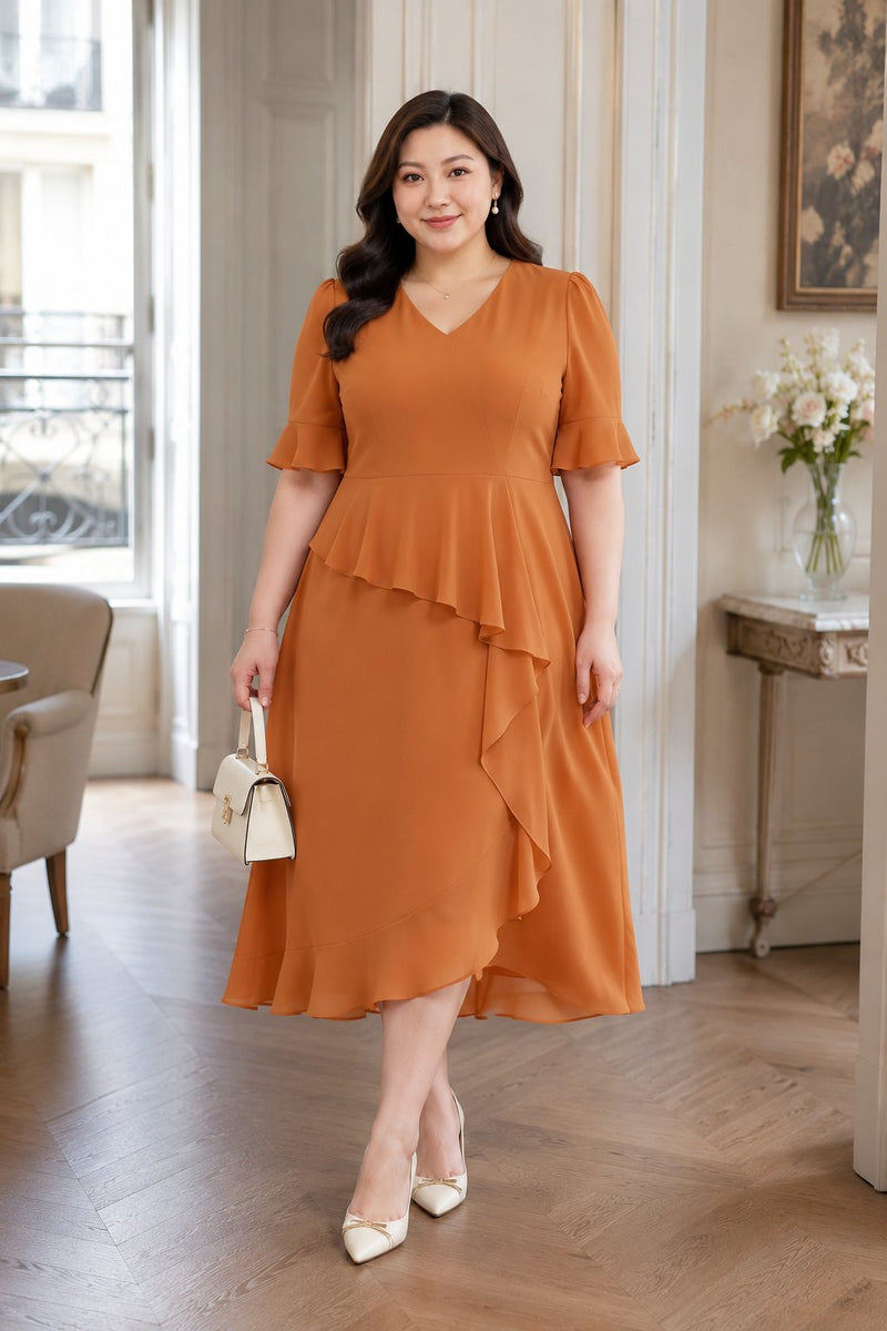 peplum dress plus size Elegant Dresses Plus Size Purple Peplum Midi Puff Short Sleeves Rhinestone day confidence in meetings or at your desk Plus Size Chiffon V-Neck Peplum