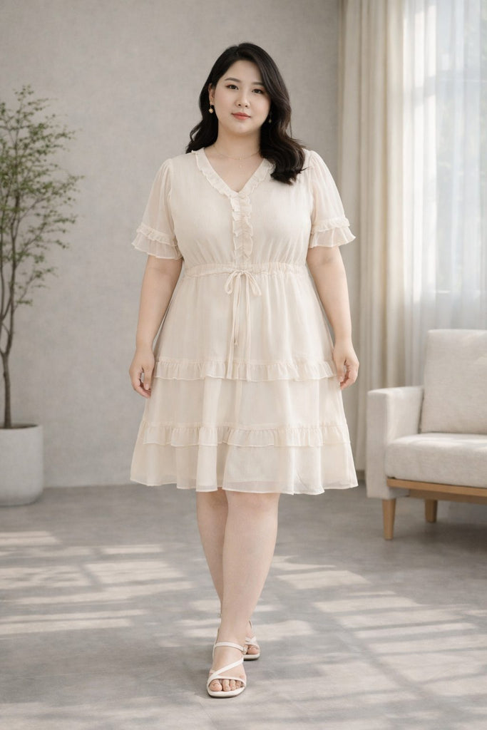 plus size cream chiffon ruffle tiered dress front view