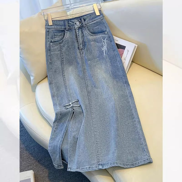 Plus Size Chinese Bamboo Denim Midi Skirt (EXTRA BIG SIZE)