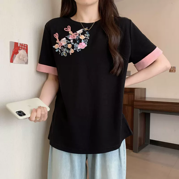 Plus Size Chinese Embroidery Loose Qipao Short Sleeve Blouse