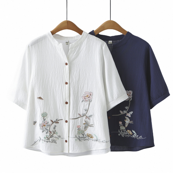 Plus Size Chinese Embroidery Mandarin Collar Blouse