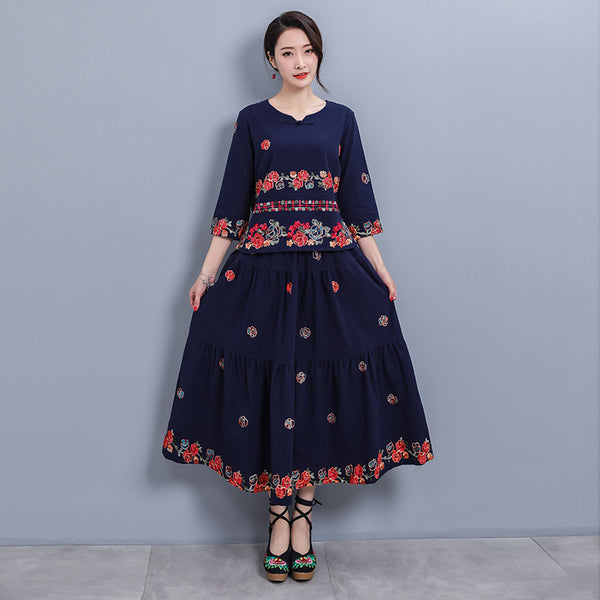 Plus Size Ethnic Floral Embroidery Skirt