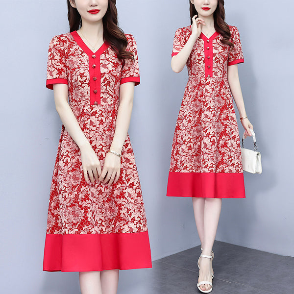 Plus Size Red Buttons V Neck Floral Dress
