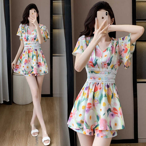 Plus Size Rainbow Print Peplum Top and Shorts Set