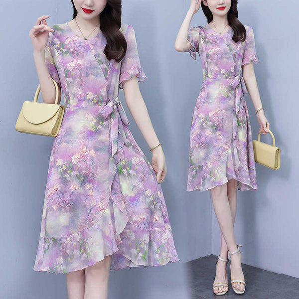 Plus Size Purple Dreamy Flowers Wrap Dress