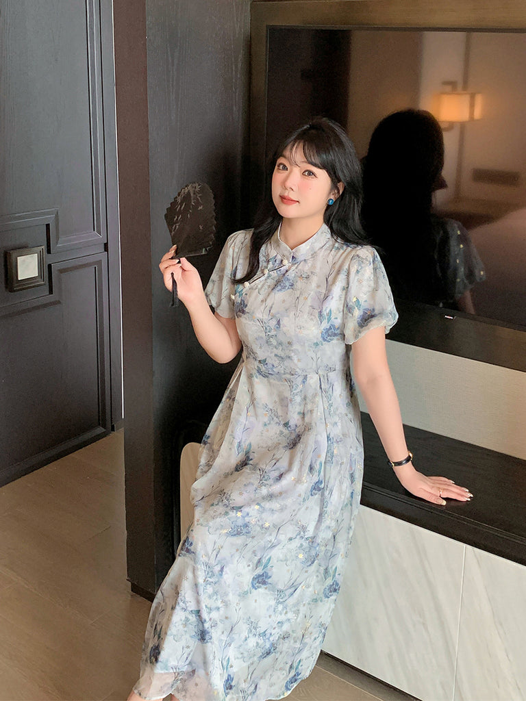 plus size chinese new year dress Plus Size Blue Print Short Sleeve Cheongsam Dress – Pluspreorder