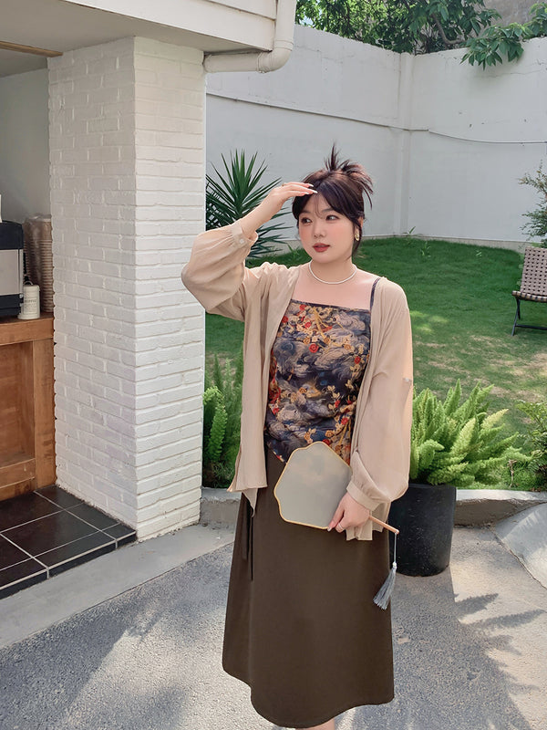 Plus Size Modern Oriental Top, Cardigan and Skirt Set Outfit