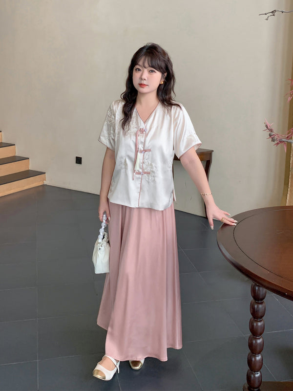 Plus Size Qipao Short Sleeve Blouse and Pink Skirt