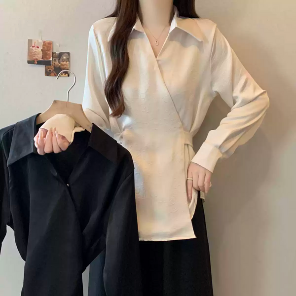 Plus Size Classy Wrap Long Sleeve Shirt Blouse