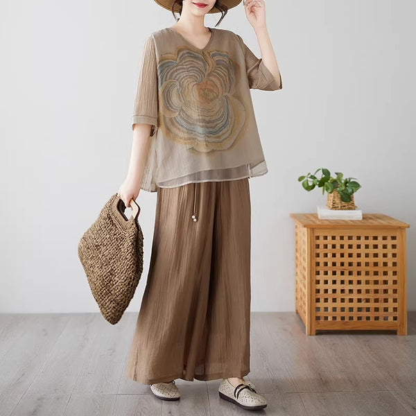 Plus Size Printed Chiffon Top And Wide Leg Pants Set