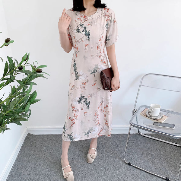 Plus Size Floral Qipao Cotton-Rayon Midi Dress