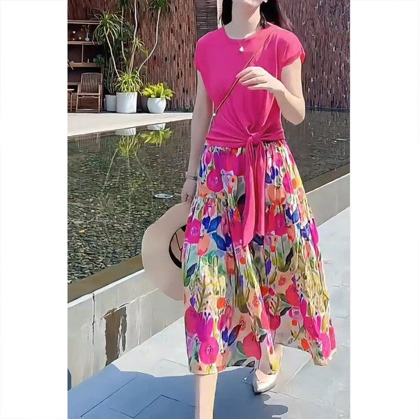 Plus Size Fuchsia Pink Blouse & Floral Skirt Set