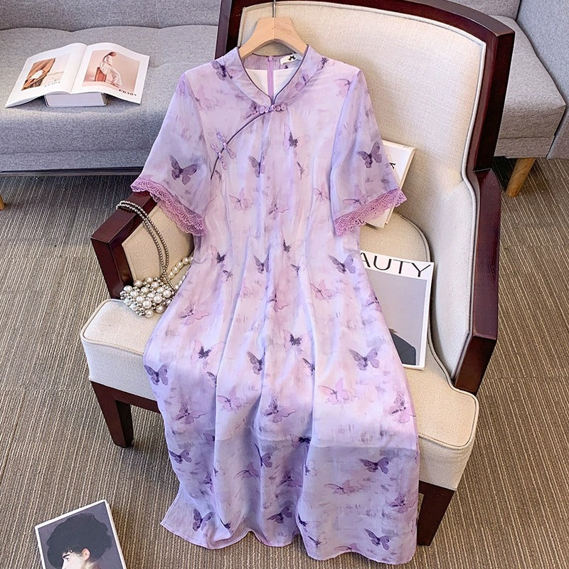 Plus Size Purple Butterfly Chiffon Cheongsam Midi Dress (EXTRA BIG SIZE)