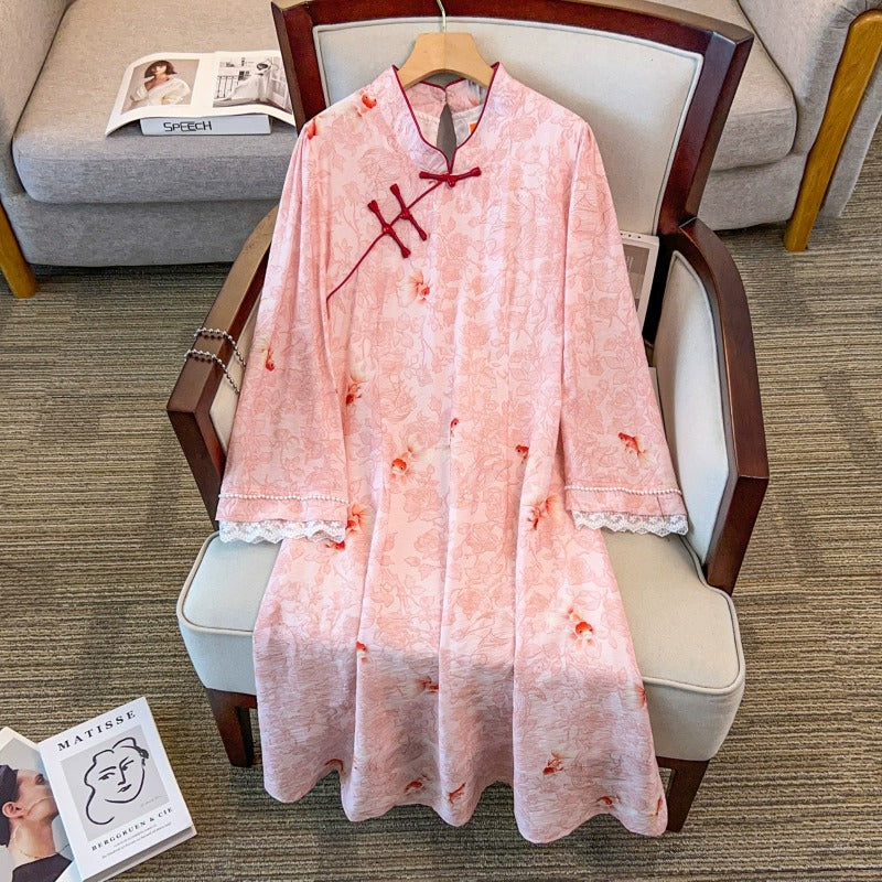 Plus Size Pink Oriental Floral Cheongsam Dress (EXTRA BIG SIZE)