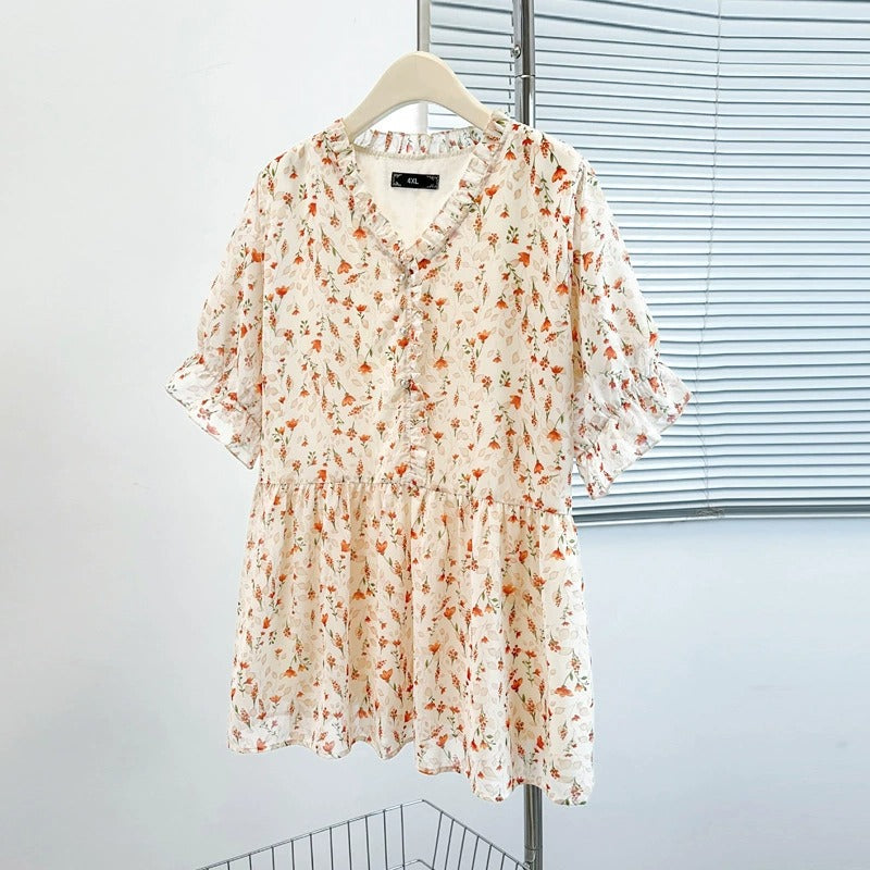 Plus Size V-Neck Bright Floral Chiffon Peplum Blouse (EXTRA BIG SIZE)