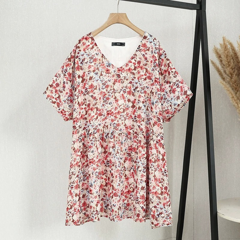 Plus Size Red Floral V-Neck Chiffon Tunic Blouse (EXTRA BIG SIZE)