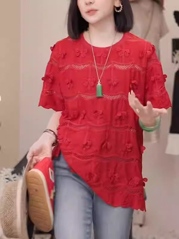 Plus Size Textured Floral Lace Short Sleeve Blouse