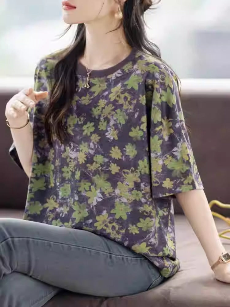 Plus Size Floral Grey Ringer Round-Neck T-Shirt