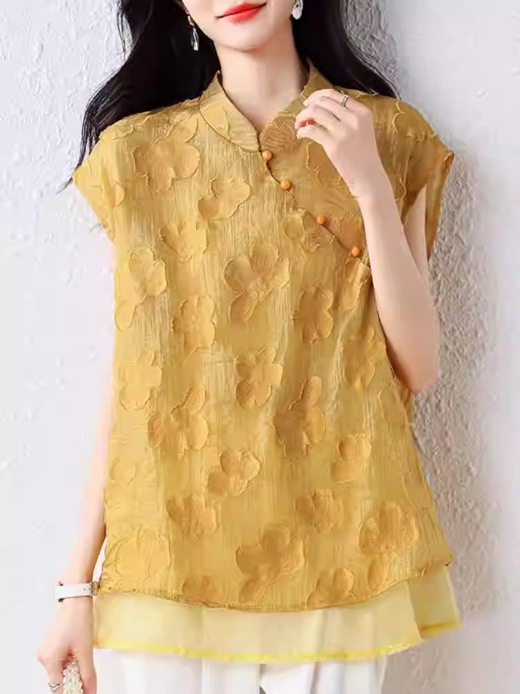 Plus Size Mustard Floral Qipao-Style Blouse